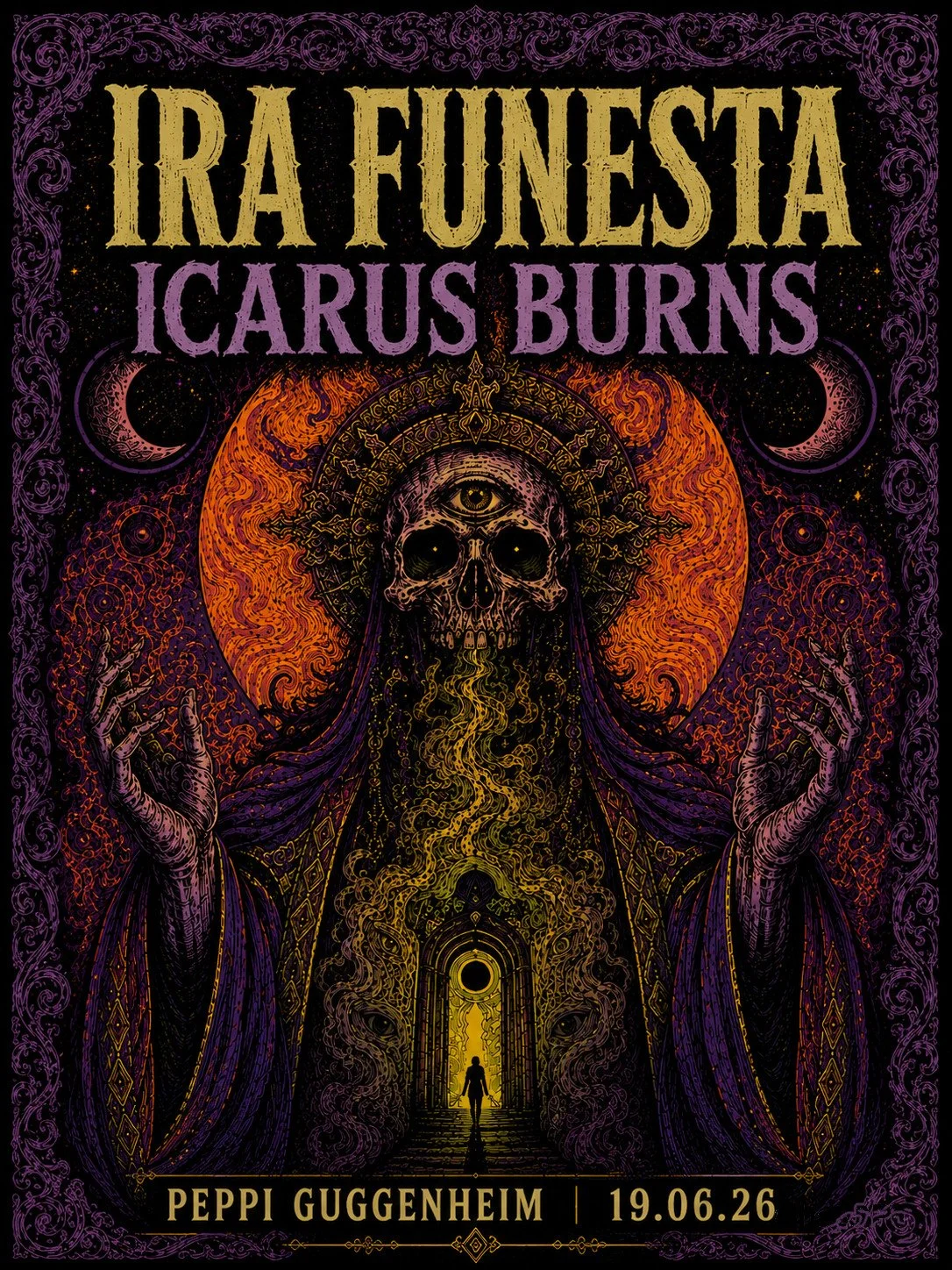 Event poster for Ira Funaesta featuring Icarus Burns, with artwork of a skull with an eye, a third eye, and mystical symbols, set against a dark background with purple decorative borders, and a date of June 19, 2026 at Peppi Guggenheim.