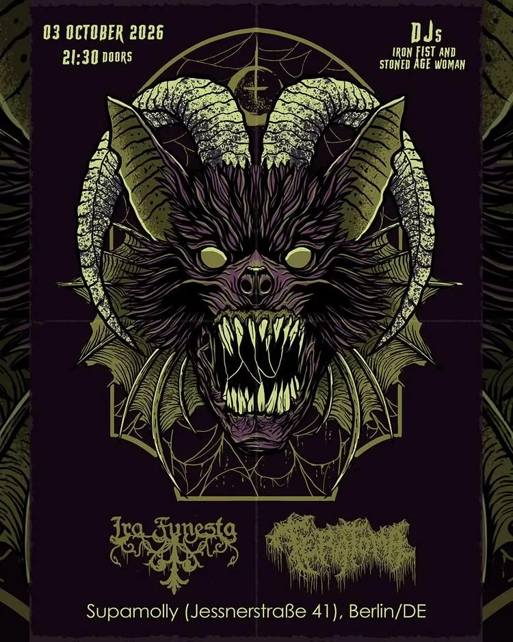 A dark-themed event poster featuring aggressive, monstrous illustration of a creature with a wolf-like face, sharp teeth, large horns, and bat-like wings. The poster provides event details: October 3, 2026, doors open at 9:30 PM, with DJs Iron Fist and Stoned Age Woman performing at Supamolly in Berlin, Germany.