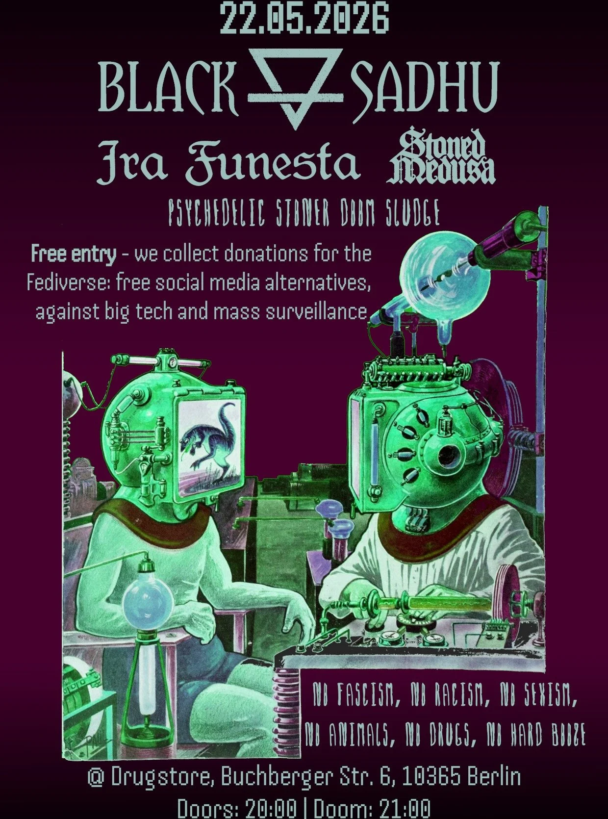 A poster advertising an event on May 22, 2028, featuring bands Black Sadhu, Ira Funesta, and Stone Media, with psychedelic artwork of two humanoid figures with heads made of scientific glassware conducting experiments, against a dark background.