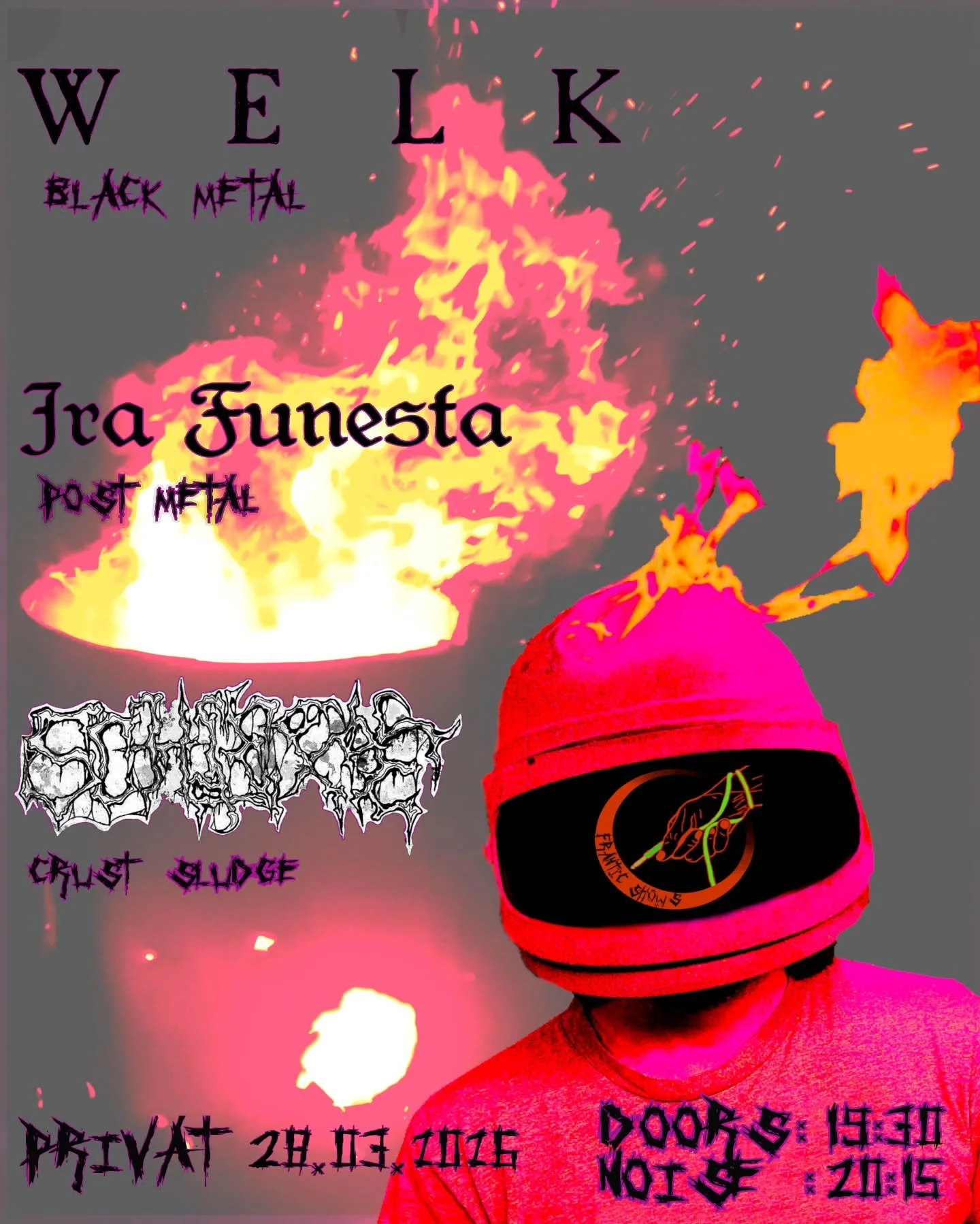 A person wearing a red hoodie with a black graphic on the front, their head covered with a box with a logo, standing in front of a background with flames and fiery effects. The image contains text about an event, including the website, date, and location details.