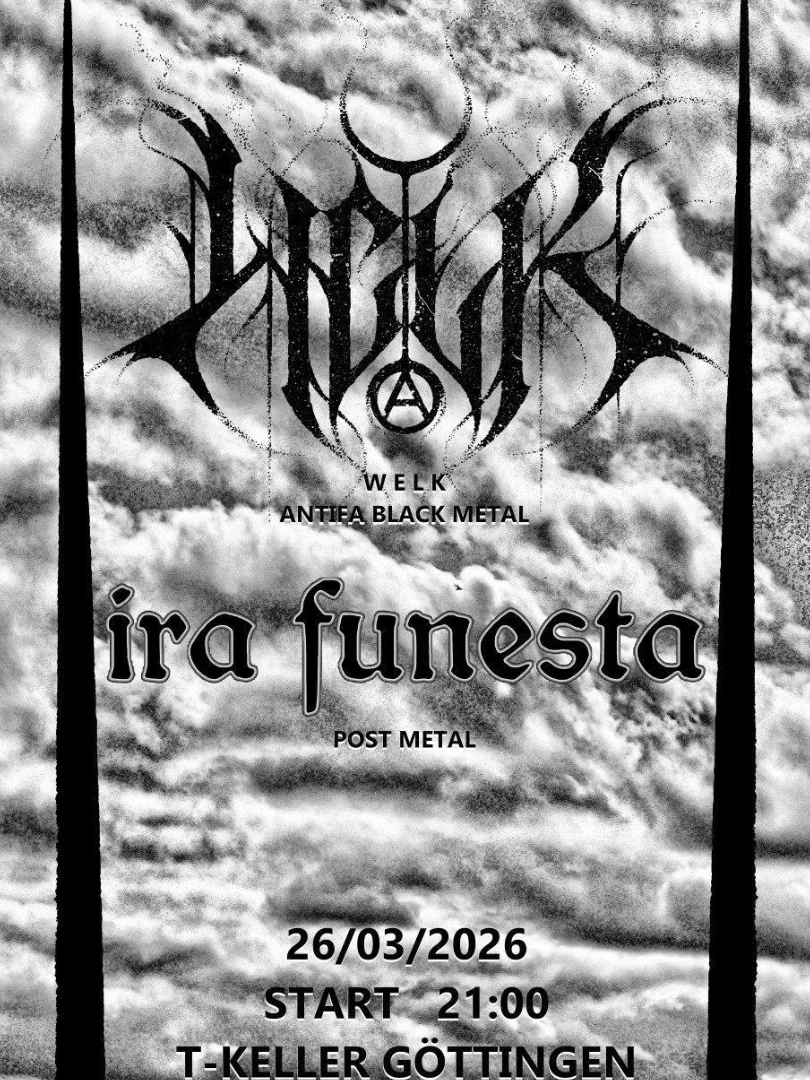 Event poster for Ira Funesta, a post-metal band, with a black metal and antifa black metal theme, scheduled for March 26, 2026, at 9:00 PM at T-Keller in Göttingen. The poster features dark, cloudy sky imagery with black gothic-style text.