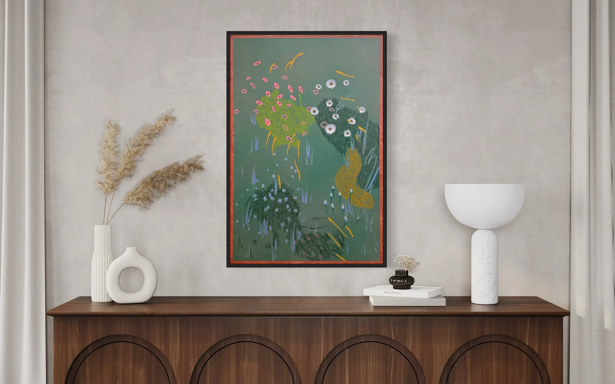 "Garden's Edge 2" 36 x 24, Oil Pastel on Dyed Canvas, AVAILABLE $500