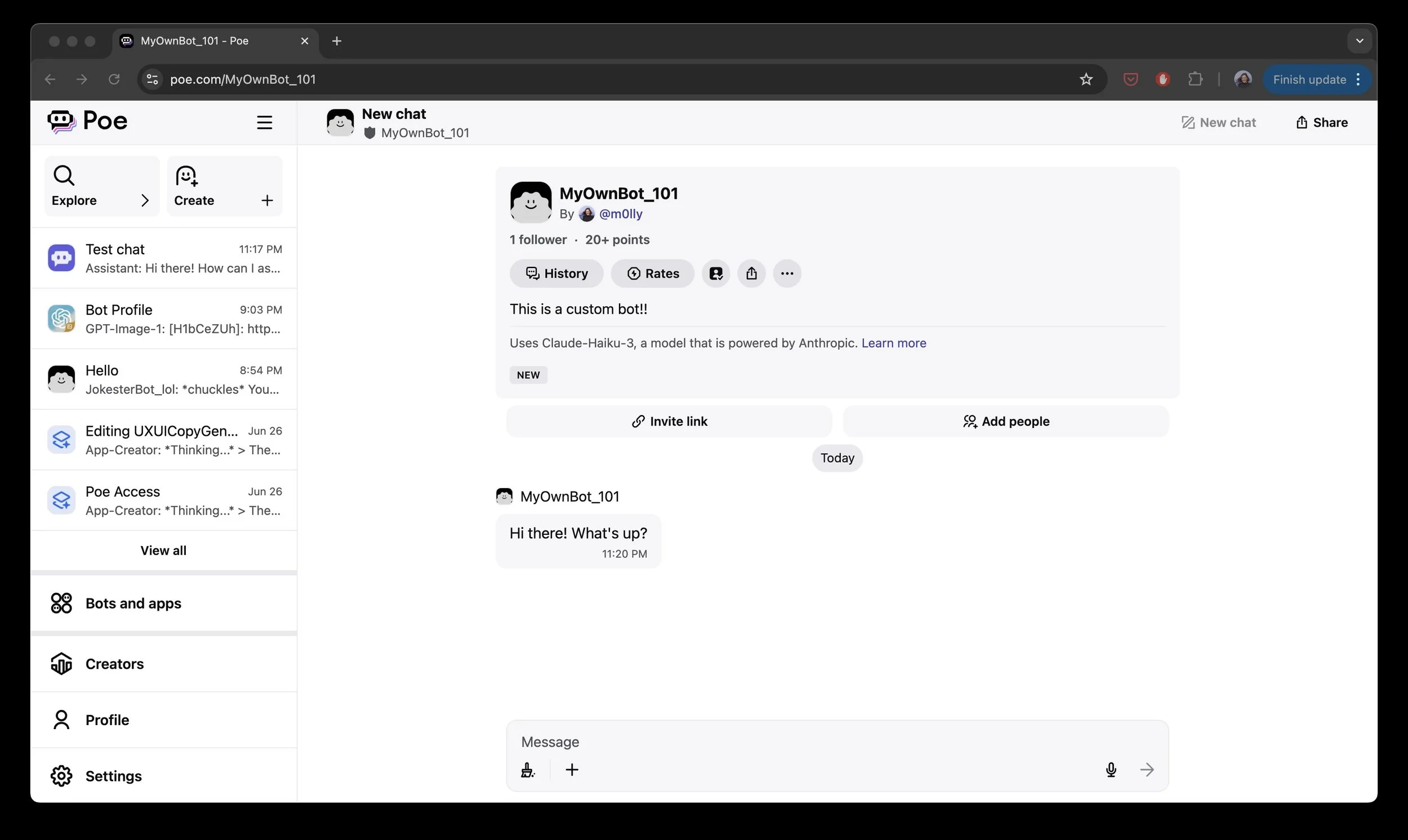 Finally, the user can chat with their new bot!