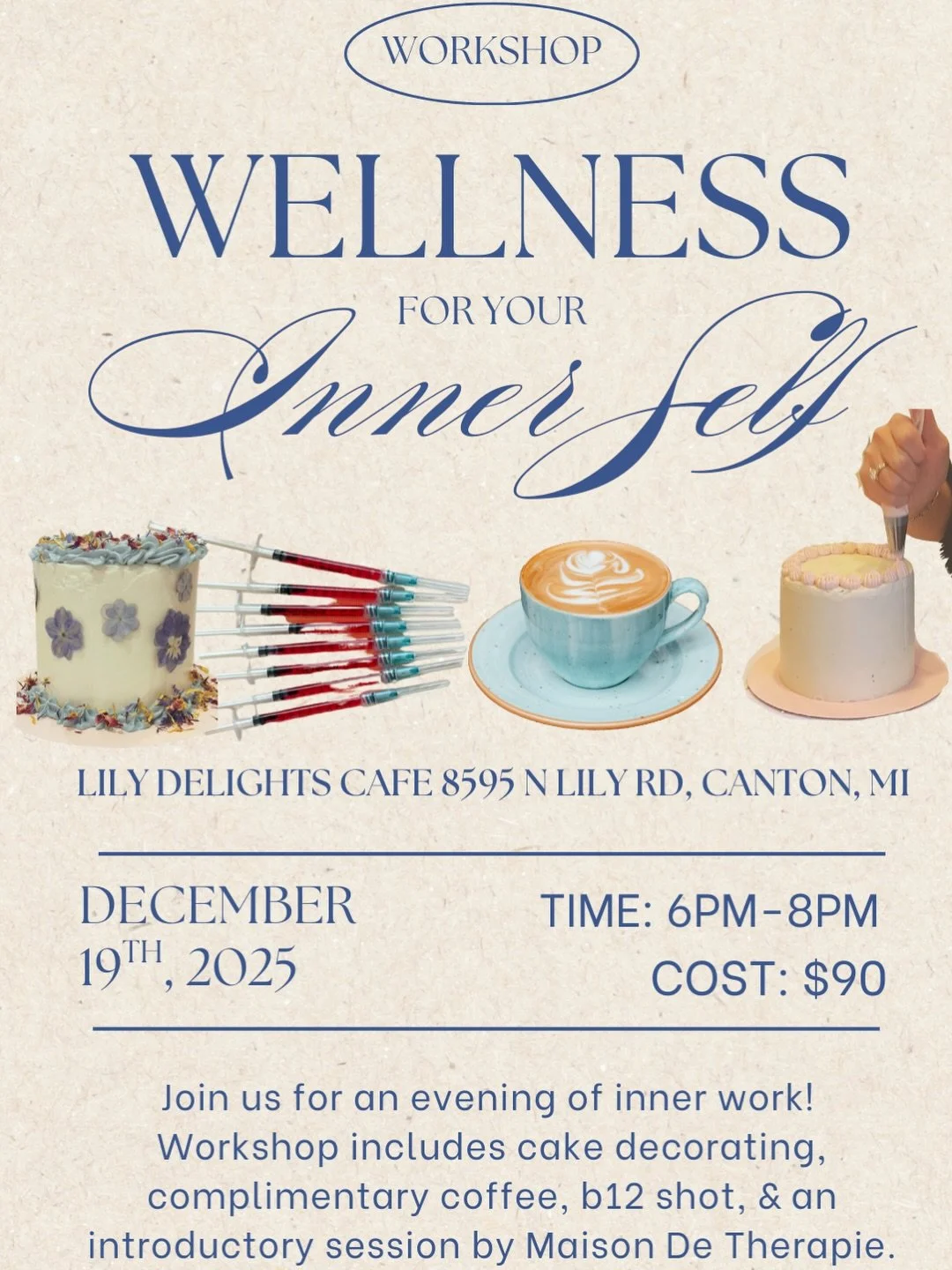 Skin Society Medical Spa is excited to announce our wellness for your inner self collaboration with @_lilydelights_ &amp; @farineetfleur 

Join us for an evening of wellness! 🎂🍰🧁

Tickets include: 
📝 introductory session by Maison De Therapie
☕️ 