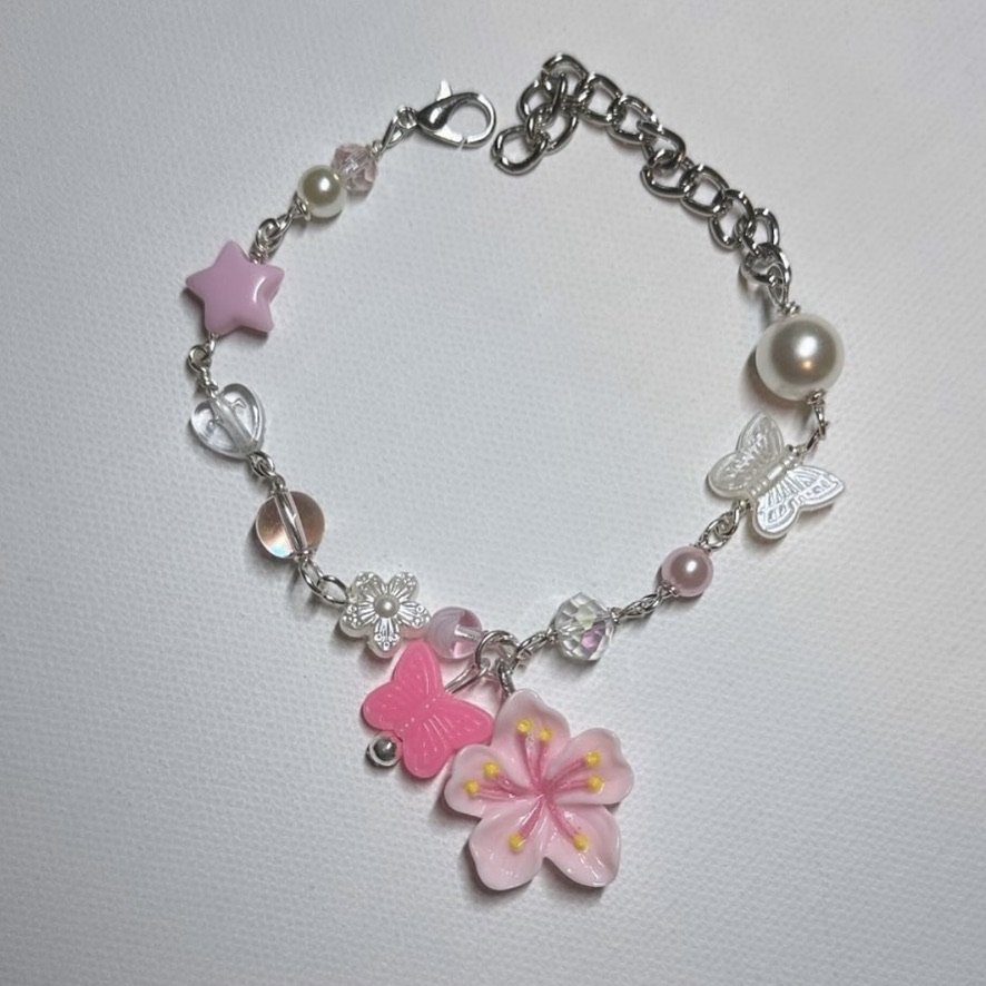 PINK HIBISCUS FLOWER AND BUTTERFLY BRACELET