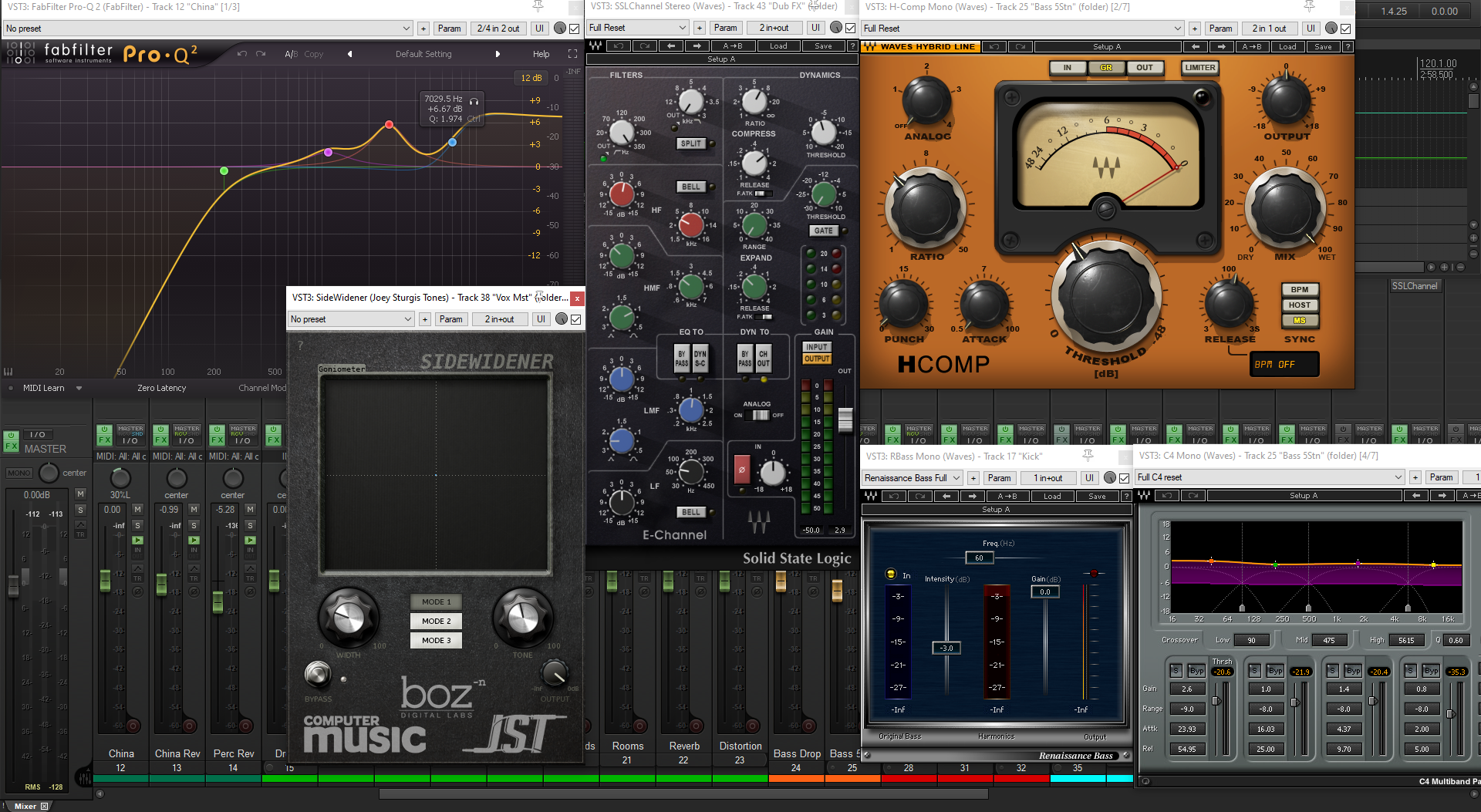 Pantalla de una interfaz de producción musical digital con múltiples ventanas y plugins. Se observan equalizadores, compresores, un ecualizador gráfico, y efectos de procesamiento de sonido, además de niveles de volumen y configuraciones de mezcla.
