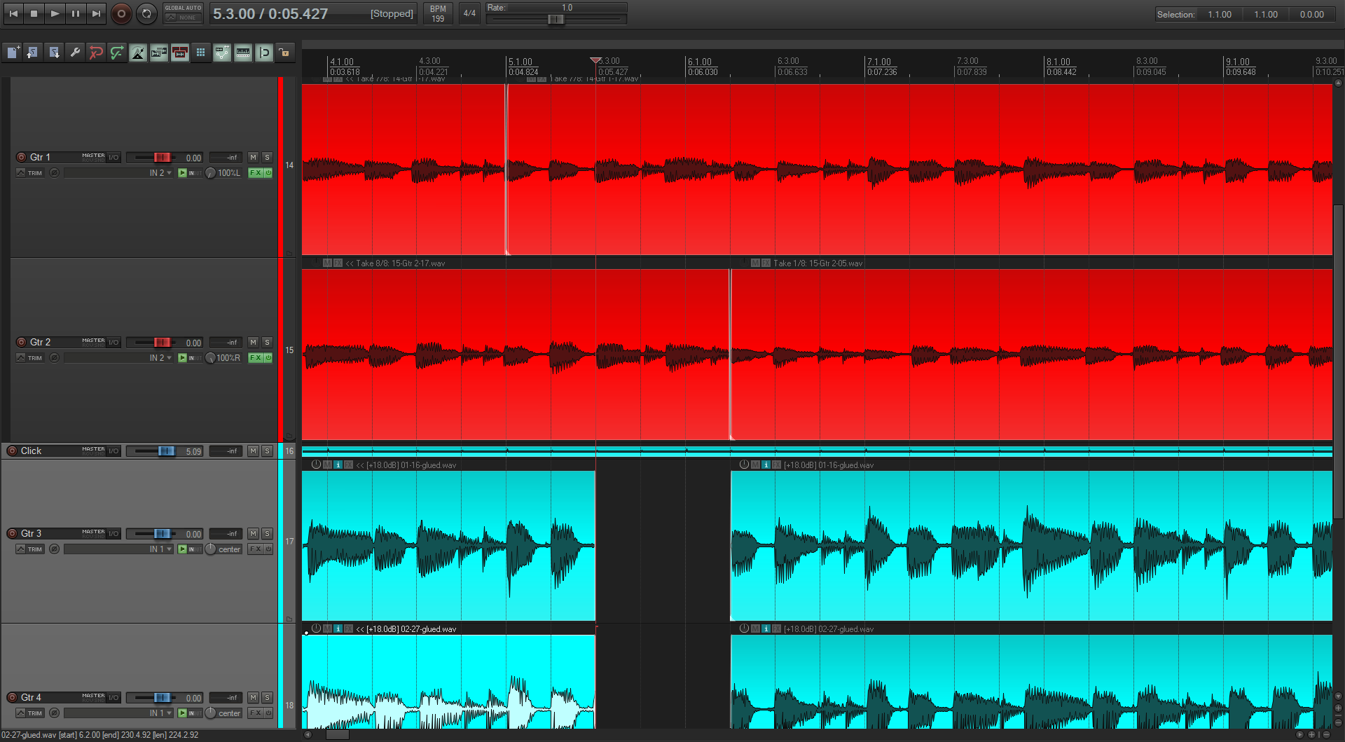 Una pantalla de una interfaz de edición de audio con varias pistas, incluyendo espectrogramas, ondas de sonido en colores rojo y azul, y controles de edición en la parte superior.