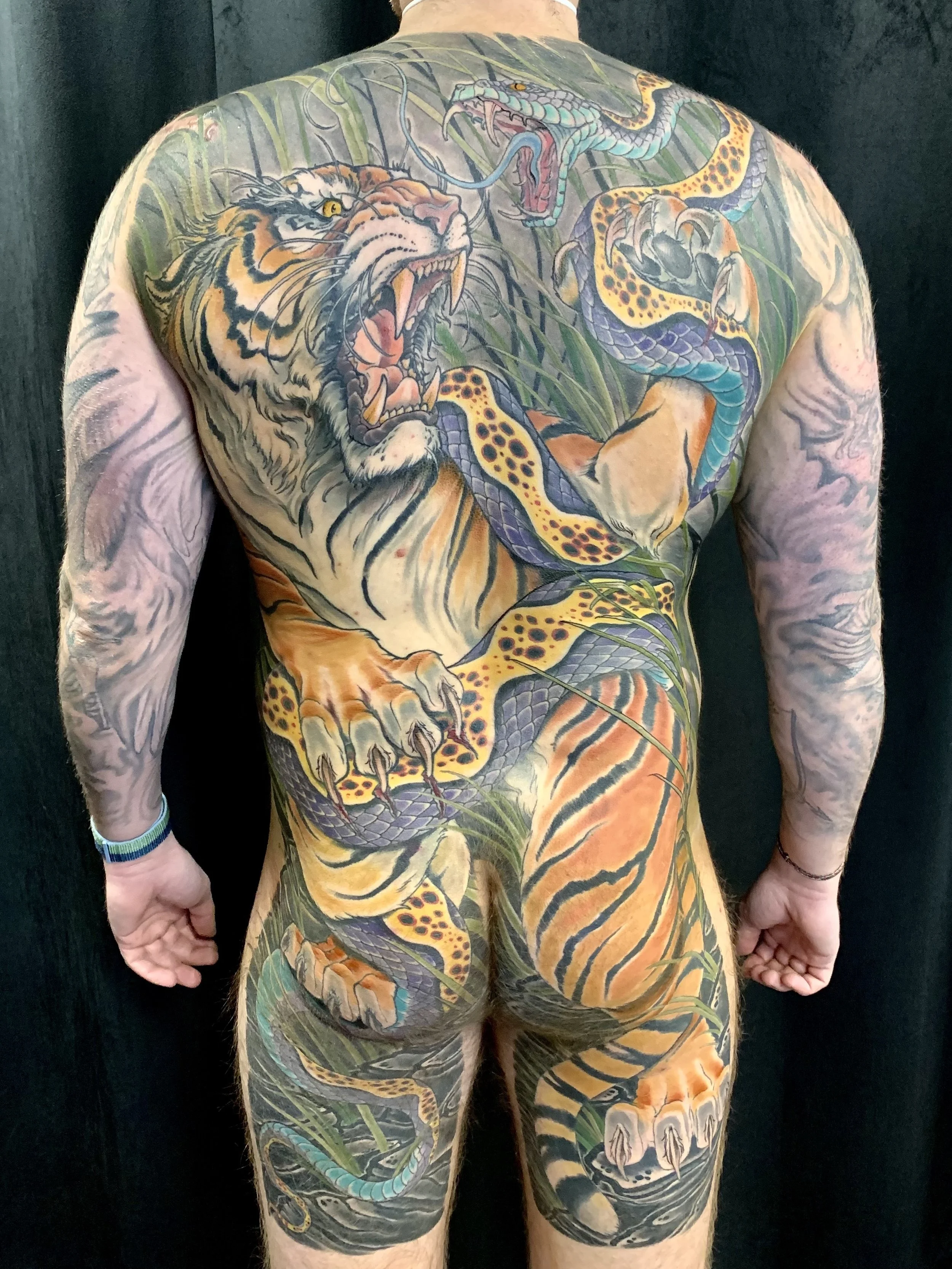 Back and arm tattoo of a roaring tiger and a snake intertwined with grass on a person with light skin and no shirt.
