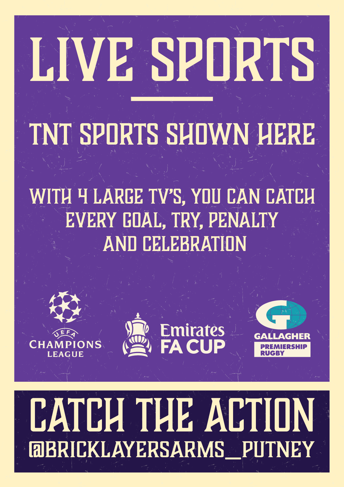 Poster advertising live sports being shown at The Bricklayers Arms in Putney
