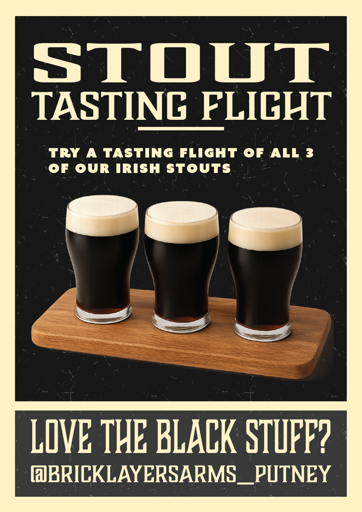 Image of 3 dark stouts on a wooden tasting paddle