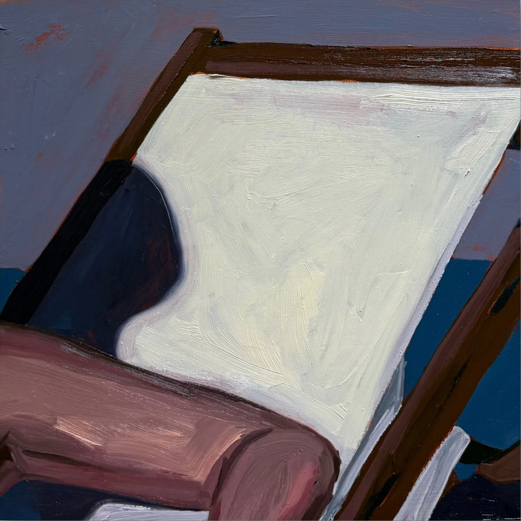 violet hour: occupied chaise 16 x 16", oil on cradled wood panel