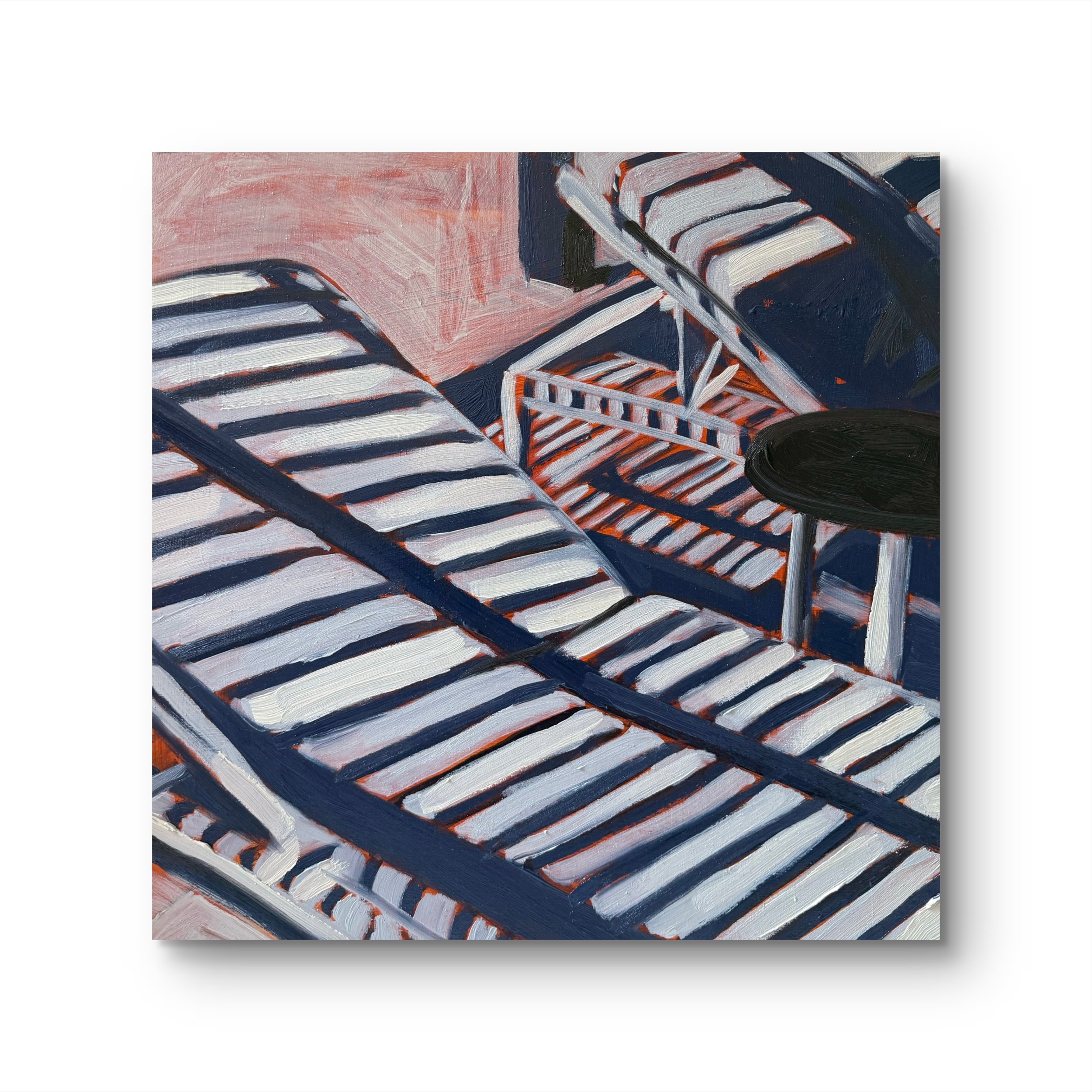 violet hour: marked chaises, 16 x 16", oil on cradled wood panel