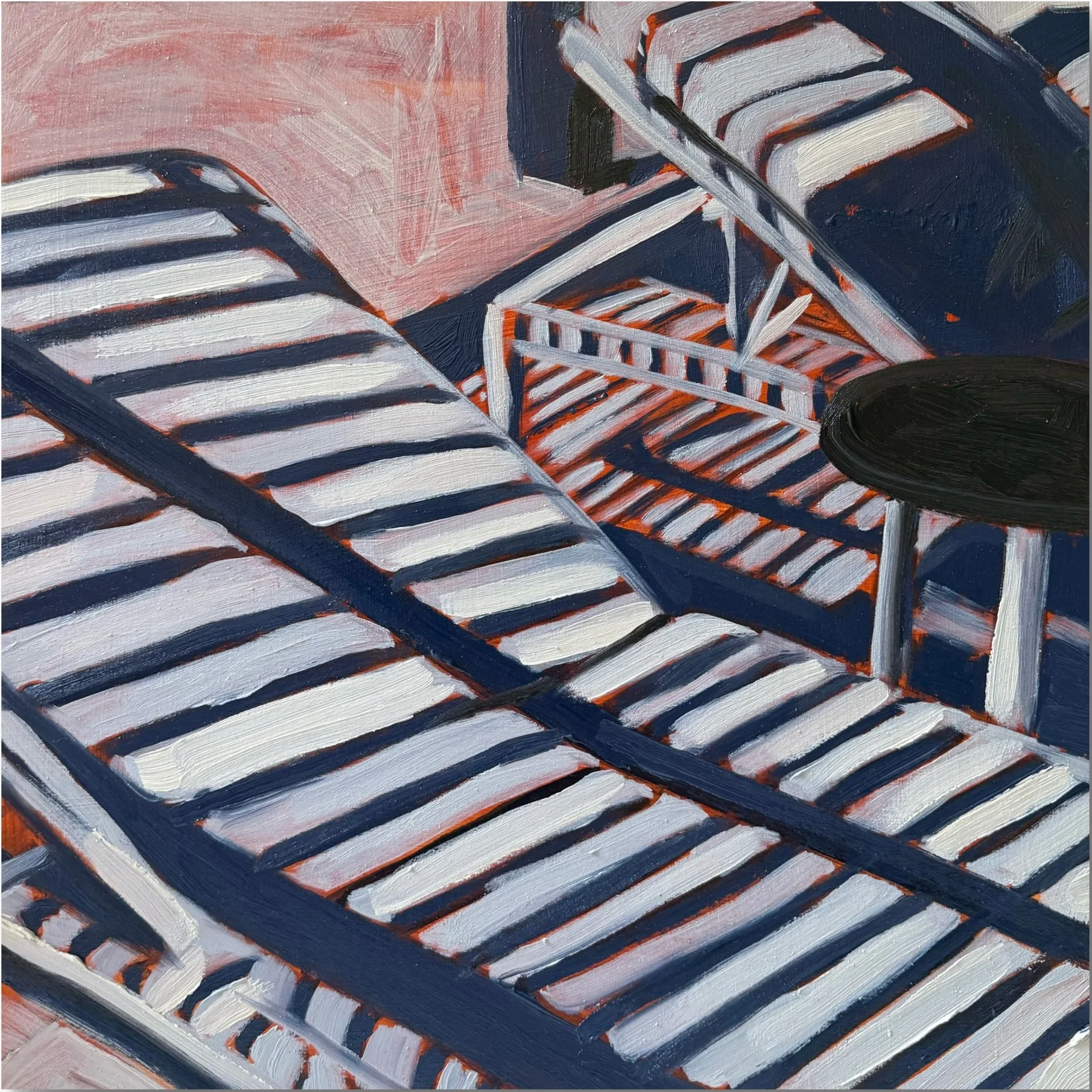 violet hour: marked chaises, 16 x 16", oil on cradled wood panel