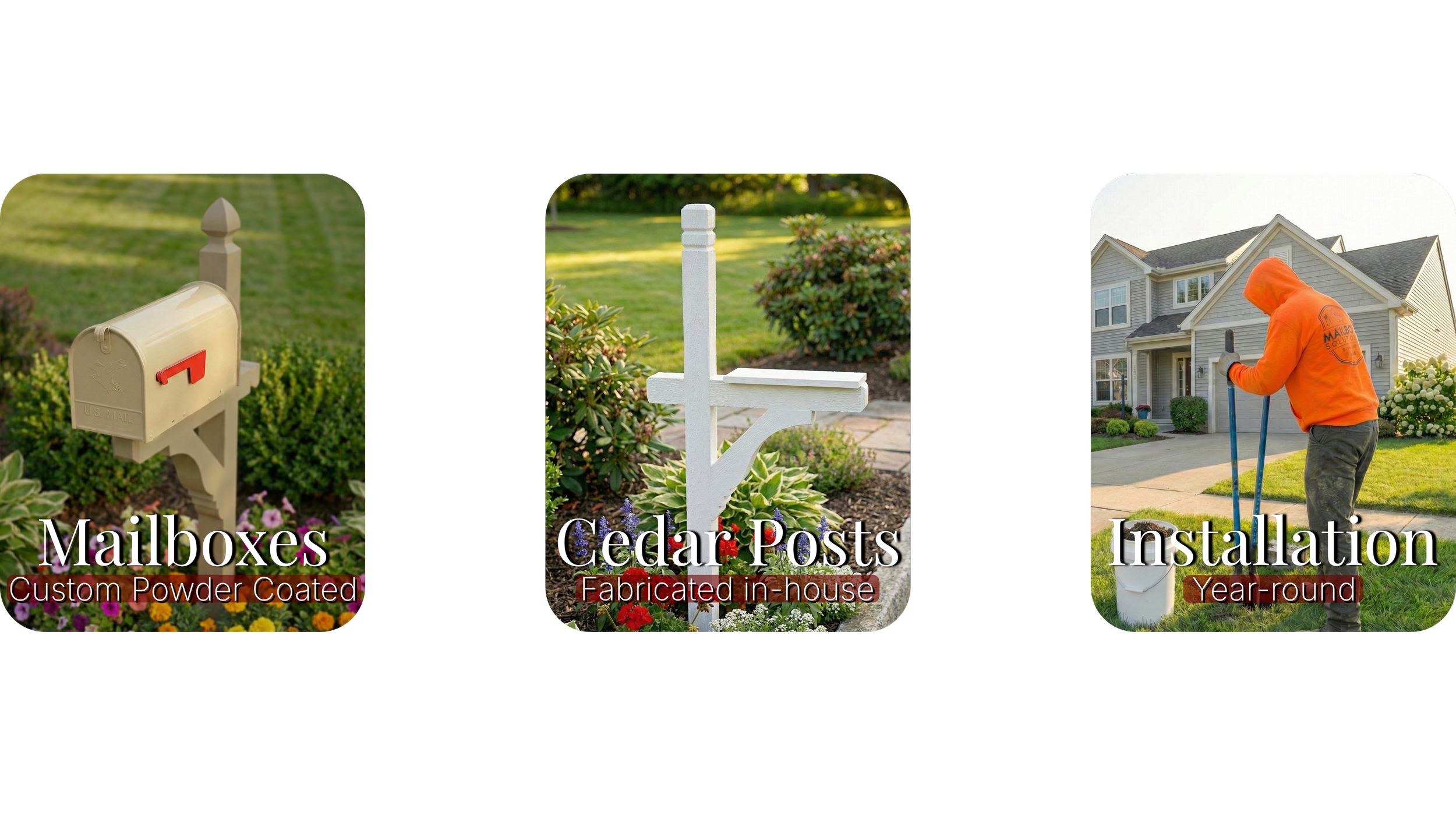 Custom Powder Coated Mailboxes, Custom fabricated Cedar Posts, Year-Round Local Installation