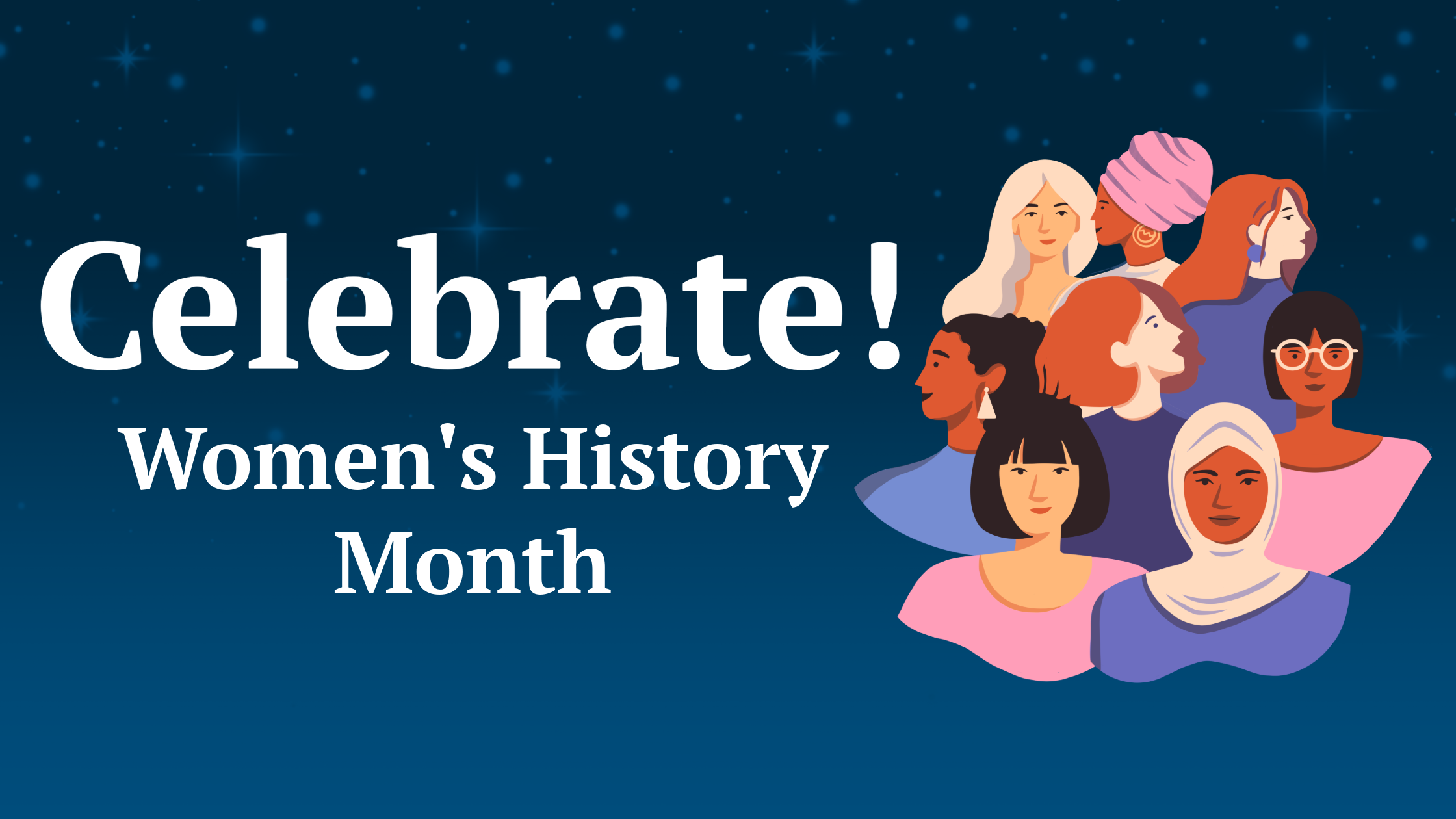 A blue header with an illustration featuring a diverse group of women