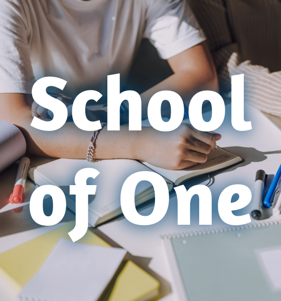 student studying with text overlay that reads "School of One"