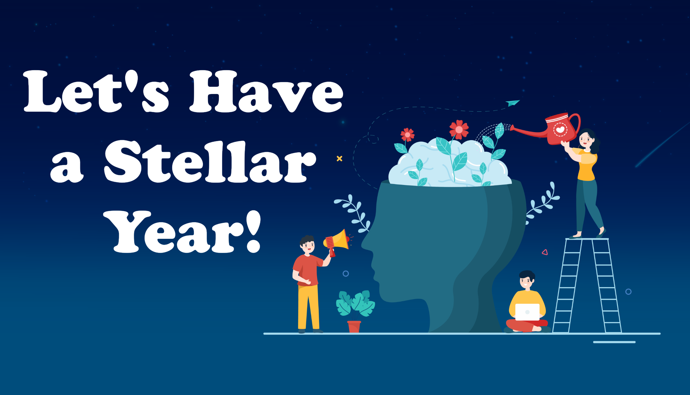A blue footer has the same illustration as the header. White text reads "Let's Have a Stellar Year!"