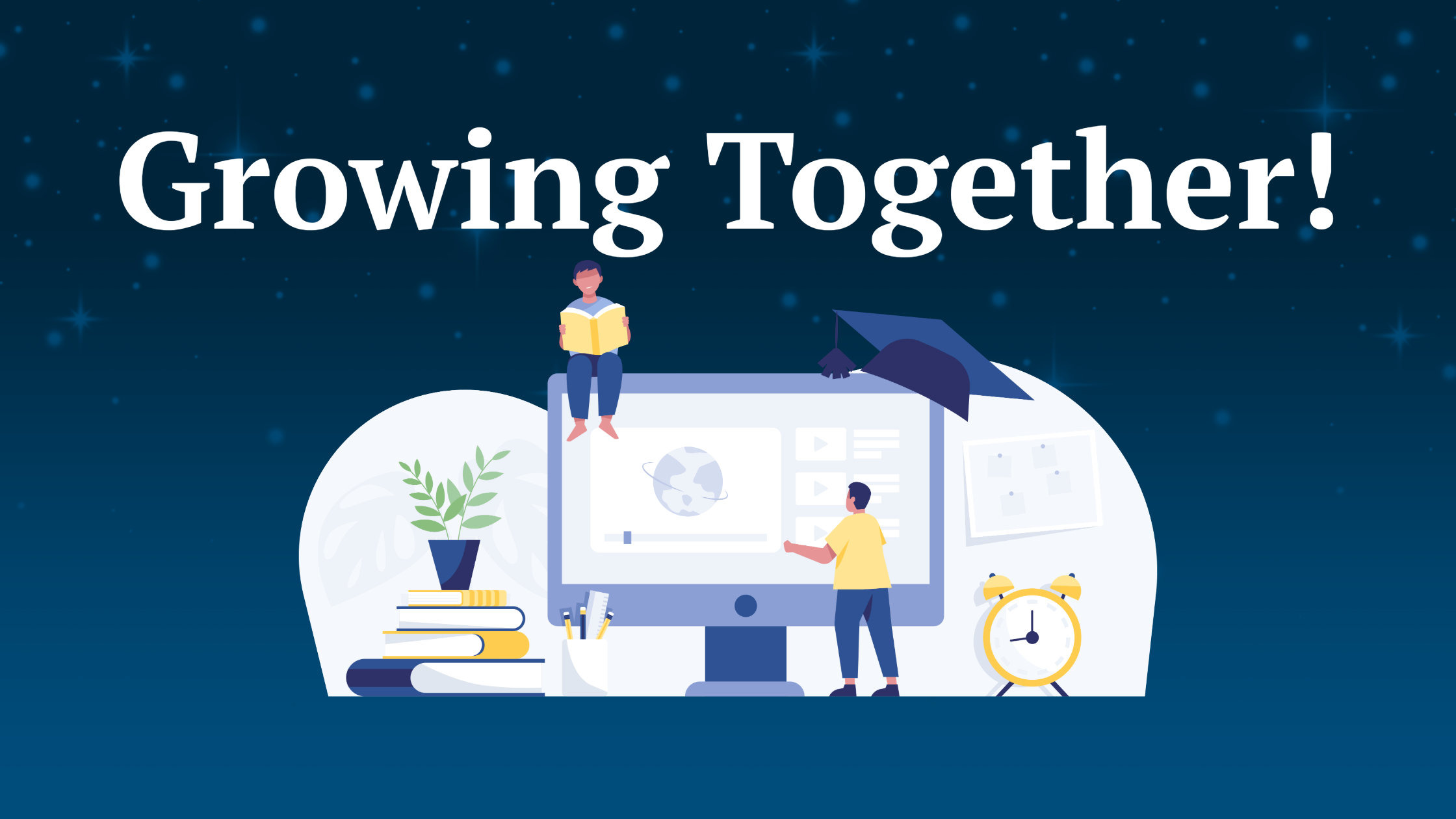 A blue background with a graphic depicting an online school student and parent in a cartoon style