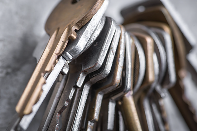 A row of metal keys hanging on a keyring.