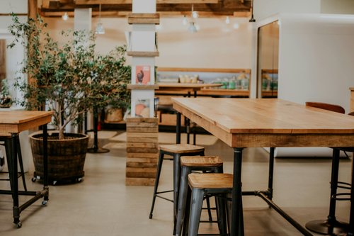 Modern cafe with wooden tables, a large plant and a bookshelf