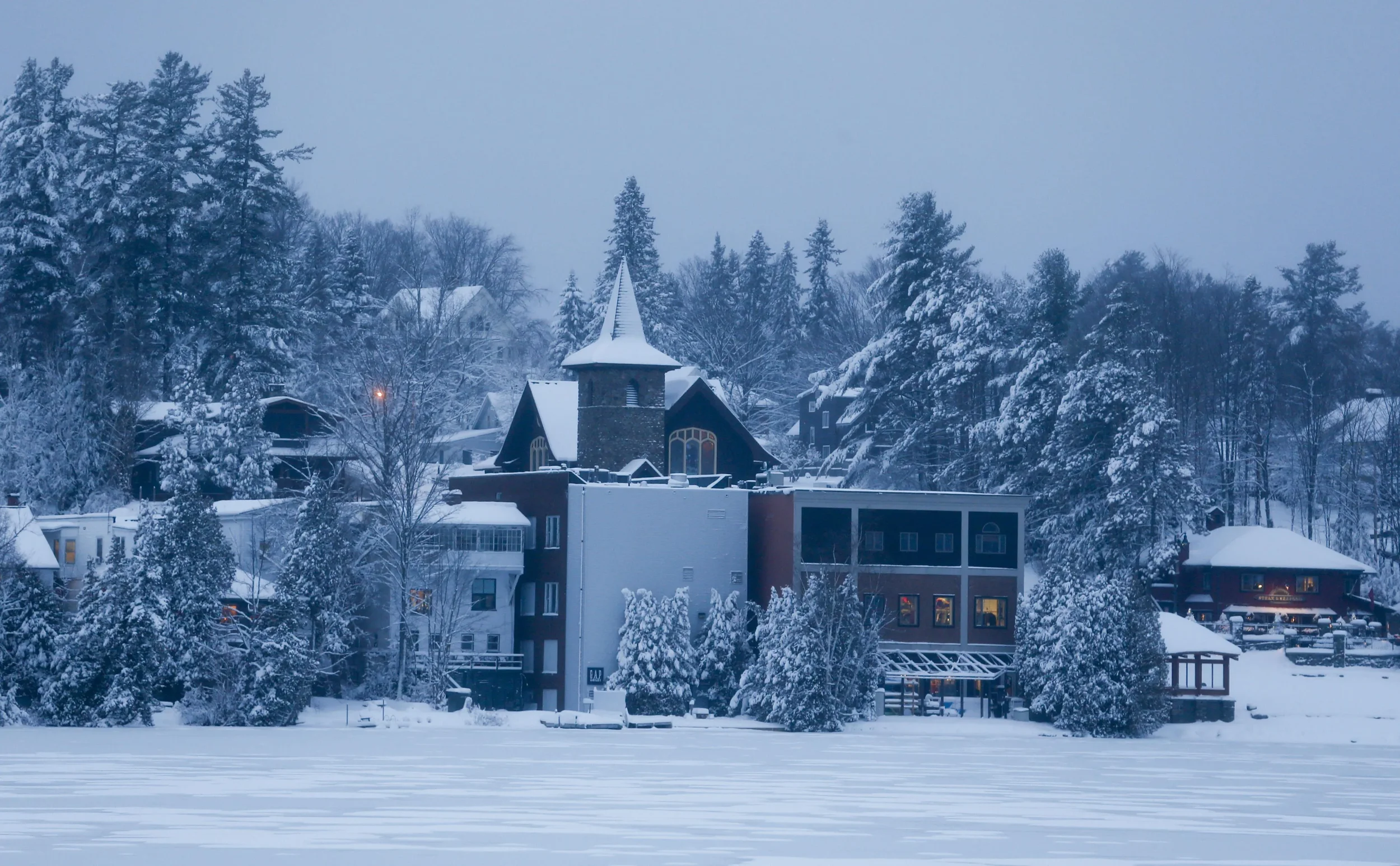 Snow-covered buildings and trees in a winter landscape with overcast sky