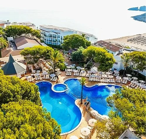 Aerial view of a hotel pool area surrounded by trees, sun loungers, and buildings, with a view of the ocean in the background.