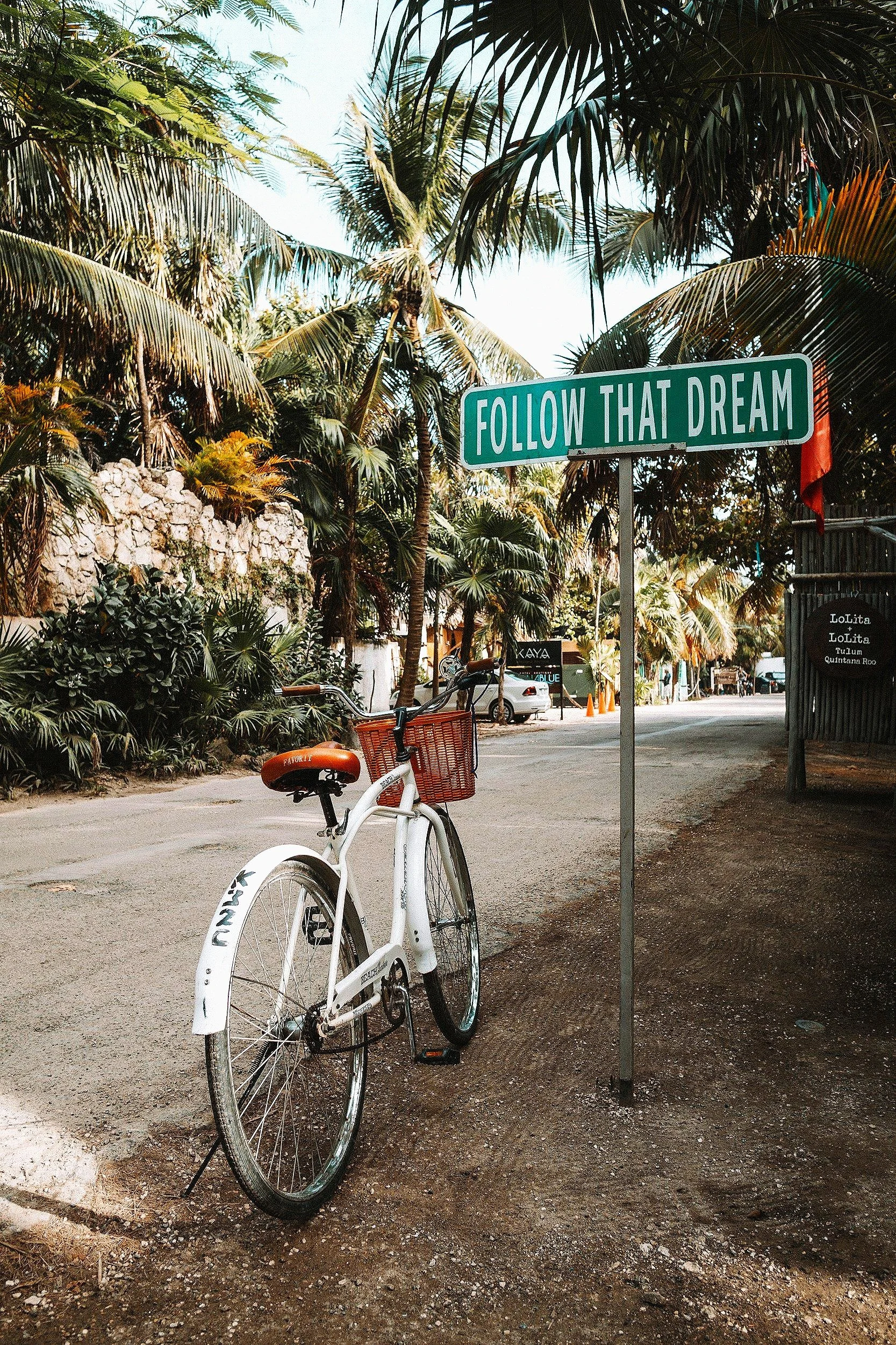 A white bicycle with a brown seat and a basket parked beside a green street sign that reads, "Follow That Dream," in a tropical setting with palm trees and a dirt road.