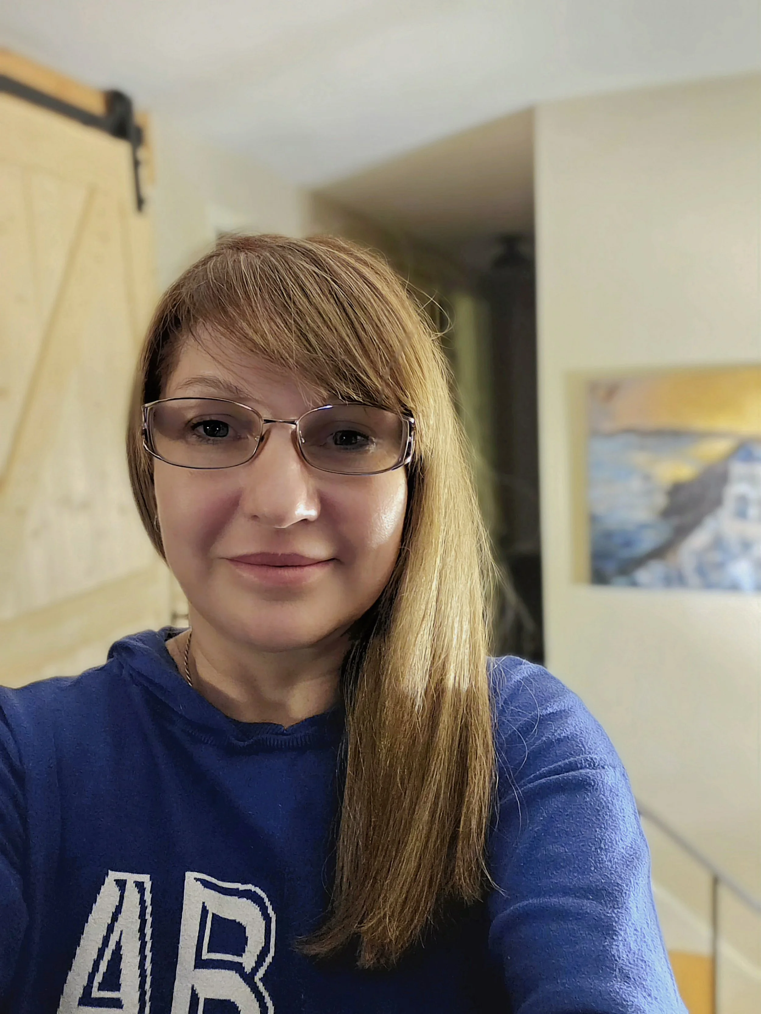 A woman with light brown hair, glasses, and a blue hoodie taking a selfie indoors. Background includes a painting on the wall and a door.