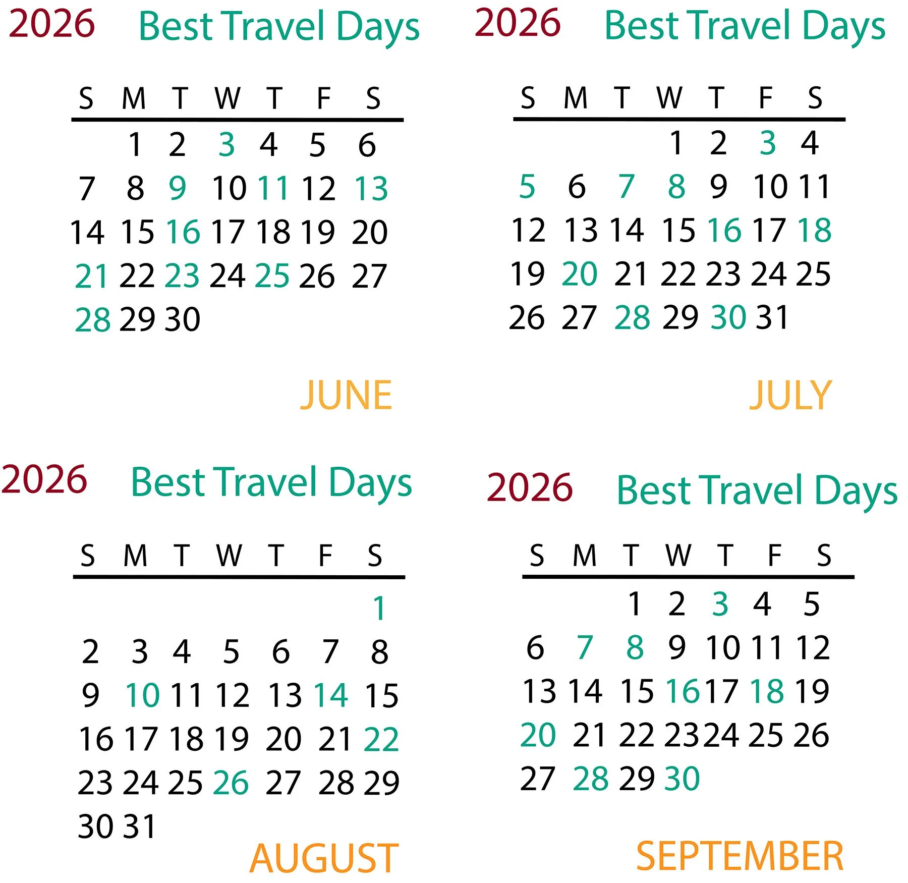 Calendar page for 2026 with highlighted dates labeled as 'Best Travel Days' for the months of June through September.