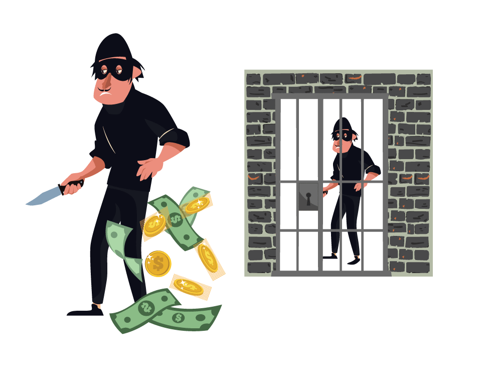 Cartoon of a burglar holding a knife, with money falling from his pocket, outside a jail cell, looking inside.