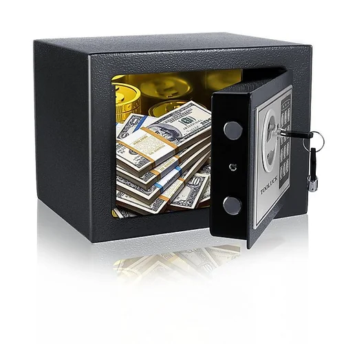 Small safe filled with dollar bills and gold coins