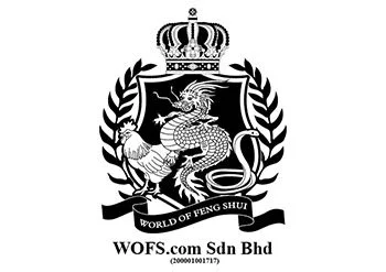 A black and white emblem with a crown at the top, a dragon and phoenix inside a shield, surrounded by laurel branches, and a banner that says 'World of Feng Shui' with website text below.