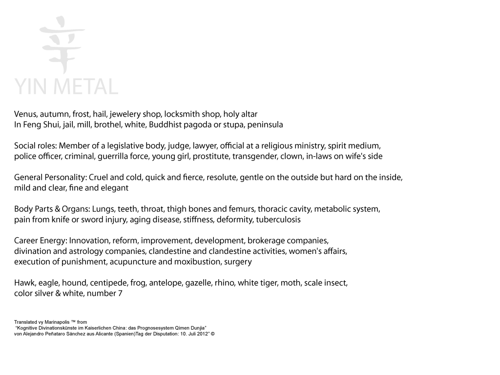 A document describing the traits of the Yin Metal element, including associated symbols, social roles, personality, body parts, career energy, and animals like hawk, eagle, frog, and rhino, with a translation note at the bottom.