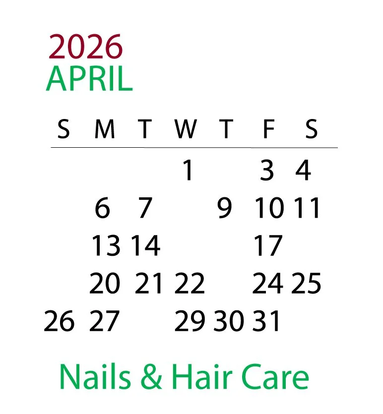 April 2026 calendar with the words "Nails & Hair Care" at the bottom.