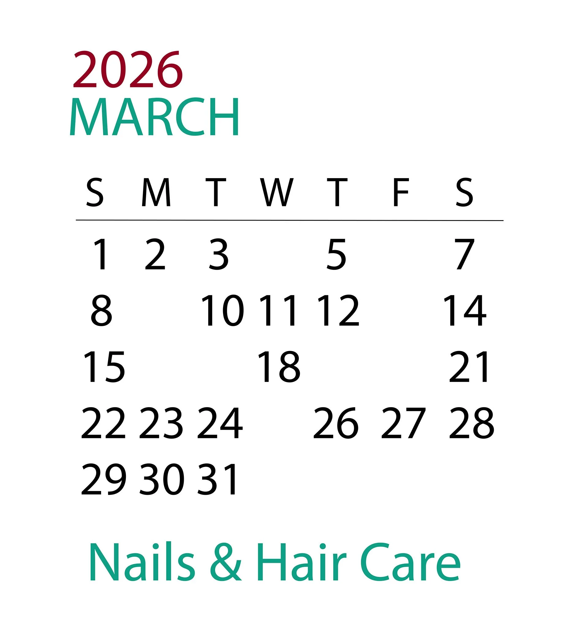 March 2026 calendar with the text 'Nails & Hair Care' at the bottom.
