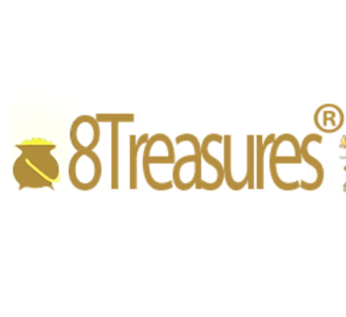 Logo with a gold treasure chest icon and the words '8Treasures' in gold lettering.