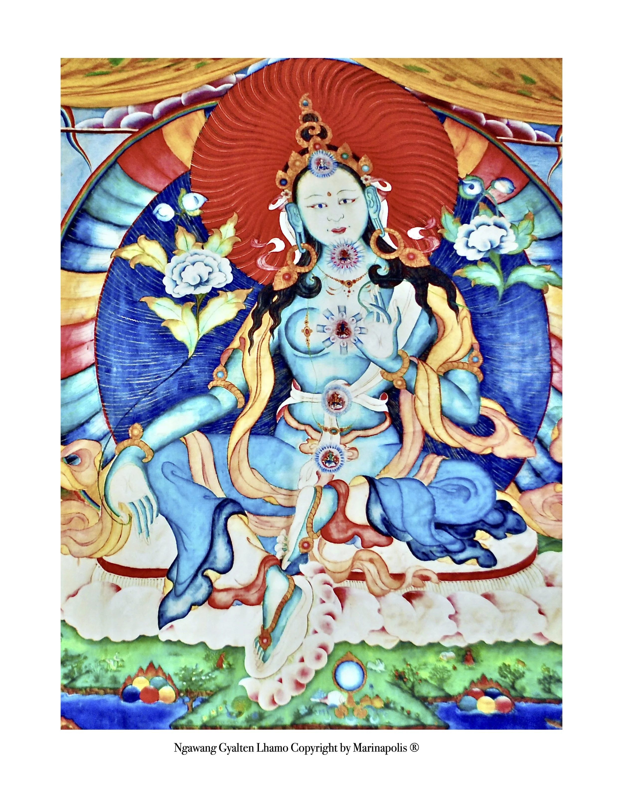 Hindu goddess depicted in traditional colorful art, sitting on clouds with a halo around her head, holding her hand in a blessing gesture, surrounded by flowers and symbolic elements.