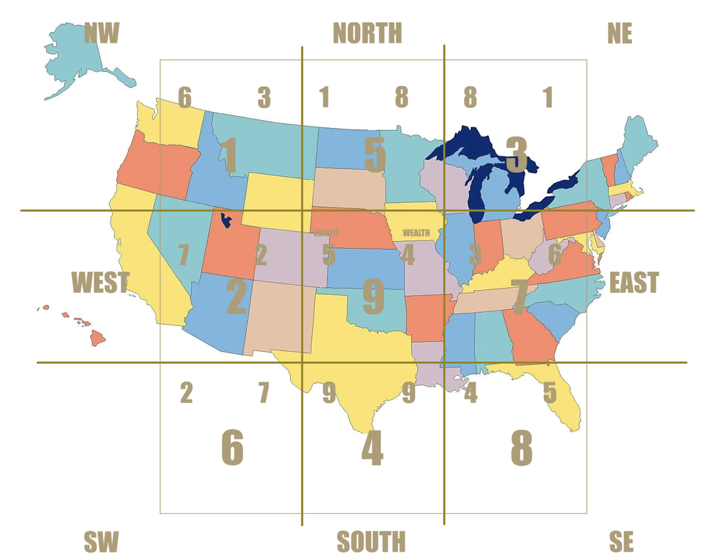 Map of the United States divided into nine Flying Star regions