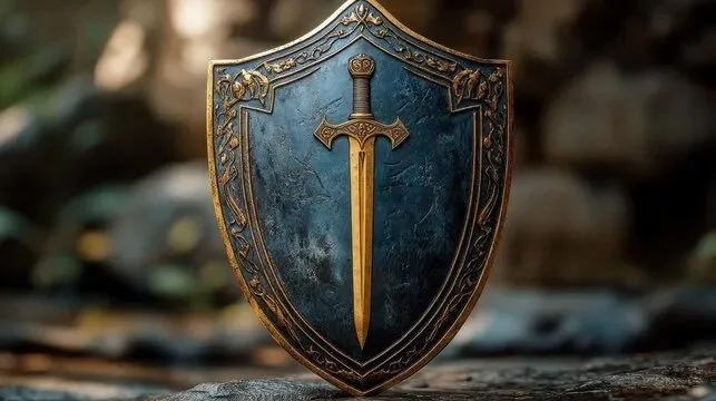 A medieval-style shield with a blue background, golden border, and a gold sword emblem in the center.