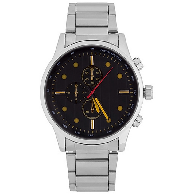 Silver wristwatch with a black dial, yellow and white markers, and three subdials, featuring a tachymeter scale on the bezel.