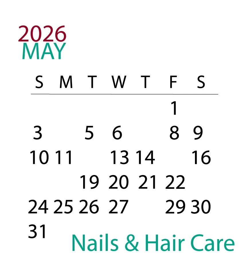 Calendar for May 2026 with the label 'Nails & Hair Care' at the bottom.
