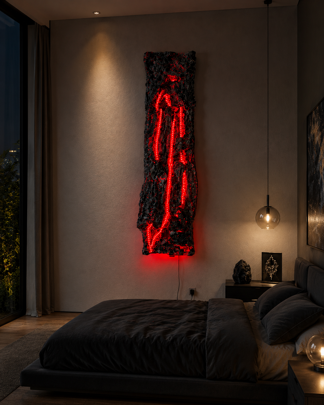 Modern bedroom with dark bedding, illuminated wall art with red LED lights, pendant light, and decorative objects on nightstand, near large window with curtains.