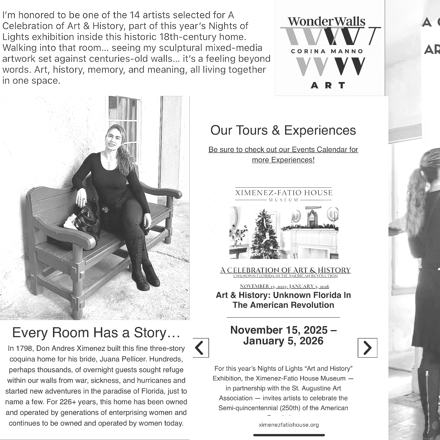 A woman sitting on a wooden bench outside near a window, smiling and wearing a black outfit. Ximenez-Fatio House Museum.