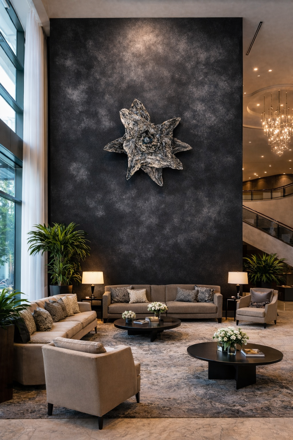 Elegant hotel lobby with a large textured black wall featuring a metallic star-shaped sculpture. Comfortable sofas and armchairs with decorative pillows are arranged around round black coffee tables with floral centerpieces. Large green plants and side tables with lamps add to the sophisticated ambiance. A chandelier is visible in the background near a curved staircase.