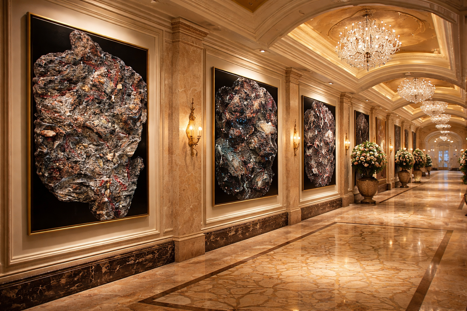 Elegant hallway with marble flooring, ornate ceiling, chandeliers, wall-mounted sconces, large framed art pieces featuring textured abstract designs, and flower arrangements in decorative vases