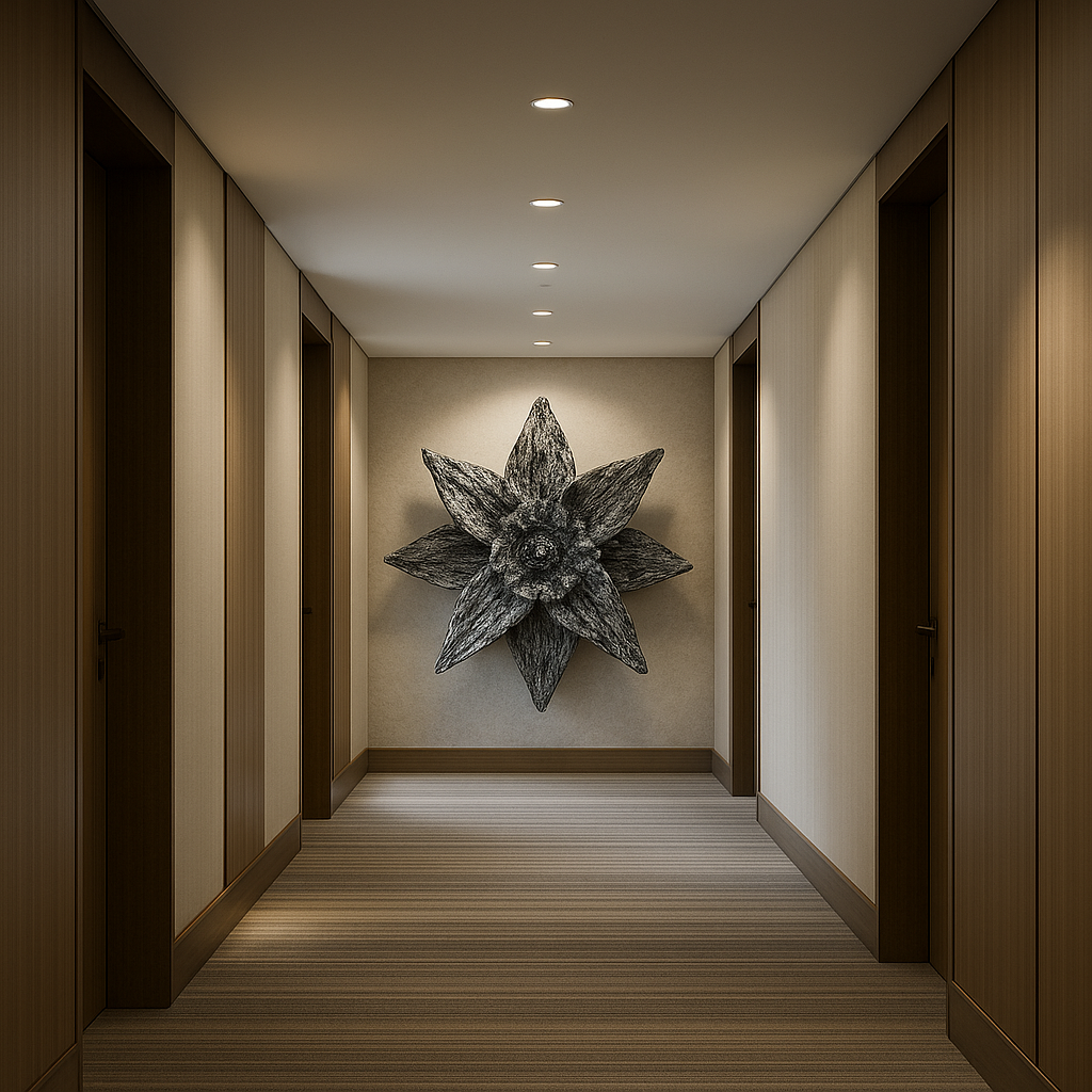 Hallway with wooden walls and ceiling, leading to a wall with a large, abstract flower sculpture in black and white.