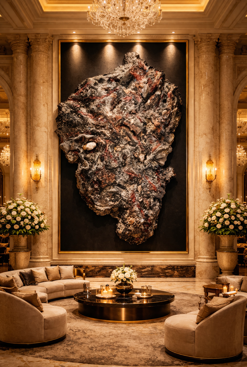 Luxurious hotel lobby with a large abstract artwork on the wall, elegant marble columns, plush seating area with candles and floral arrangements, and a grand chandelier overhead.