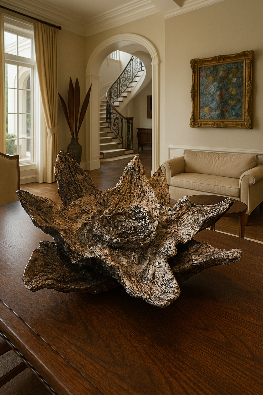 Close-up of a large, rustic piece of driftwood on a wooden table in a living room with beige walls, a cream-colored sofa, a framed artwork, and a staircase in the background.