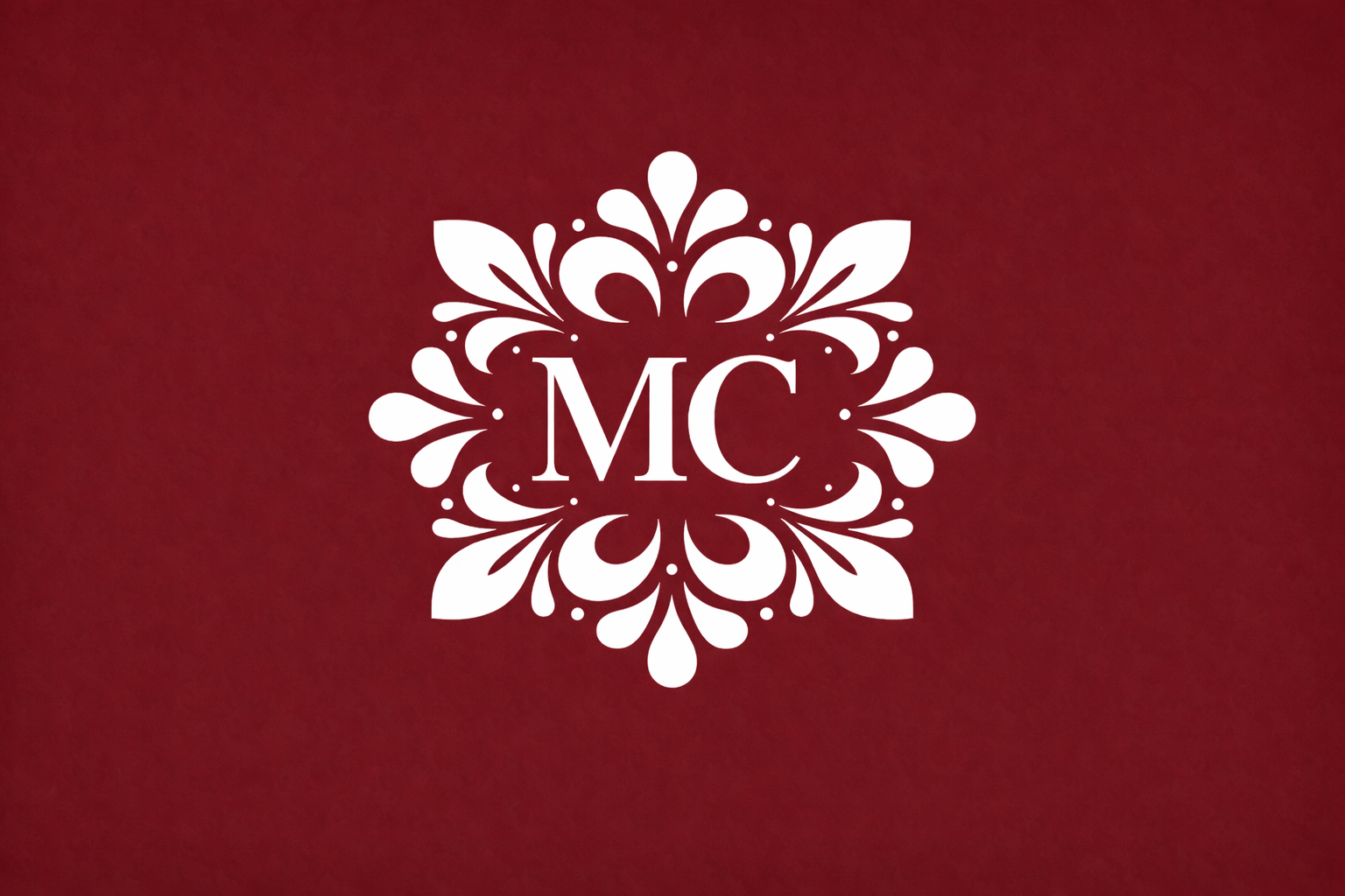 White monogram with the letters 'MC' inside a decorative, floral-inspired pattern on a red gradient background.