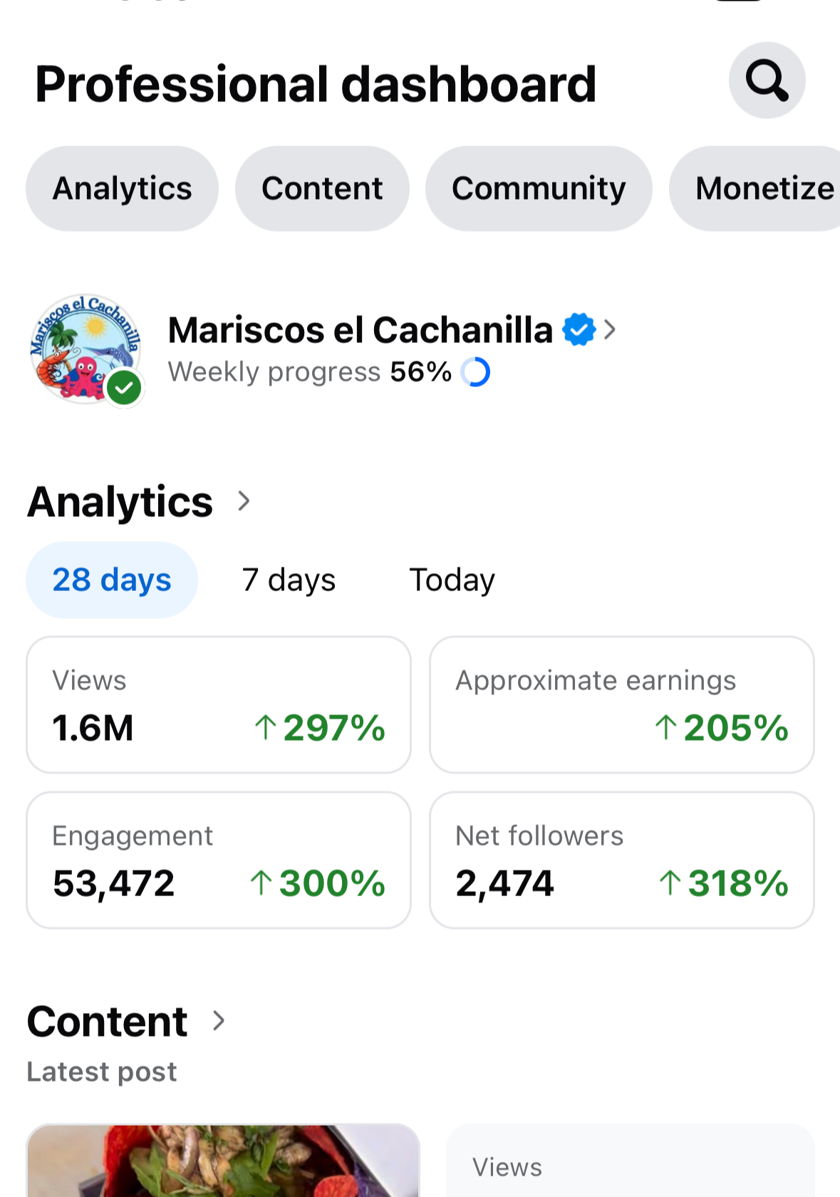Screenshot of a professional social media dashboard showing analytics for a page called 'Mariscos el Cachanilla.' The page has a weekly progress of 56%, with data displayed for 28 days, including views (1.6 million), earnings, engagement, and followers. The engagement shows 53,472 interactions, with significant percentage increases.